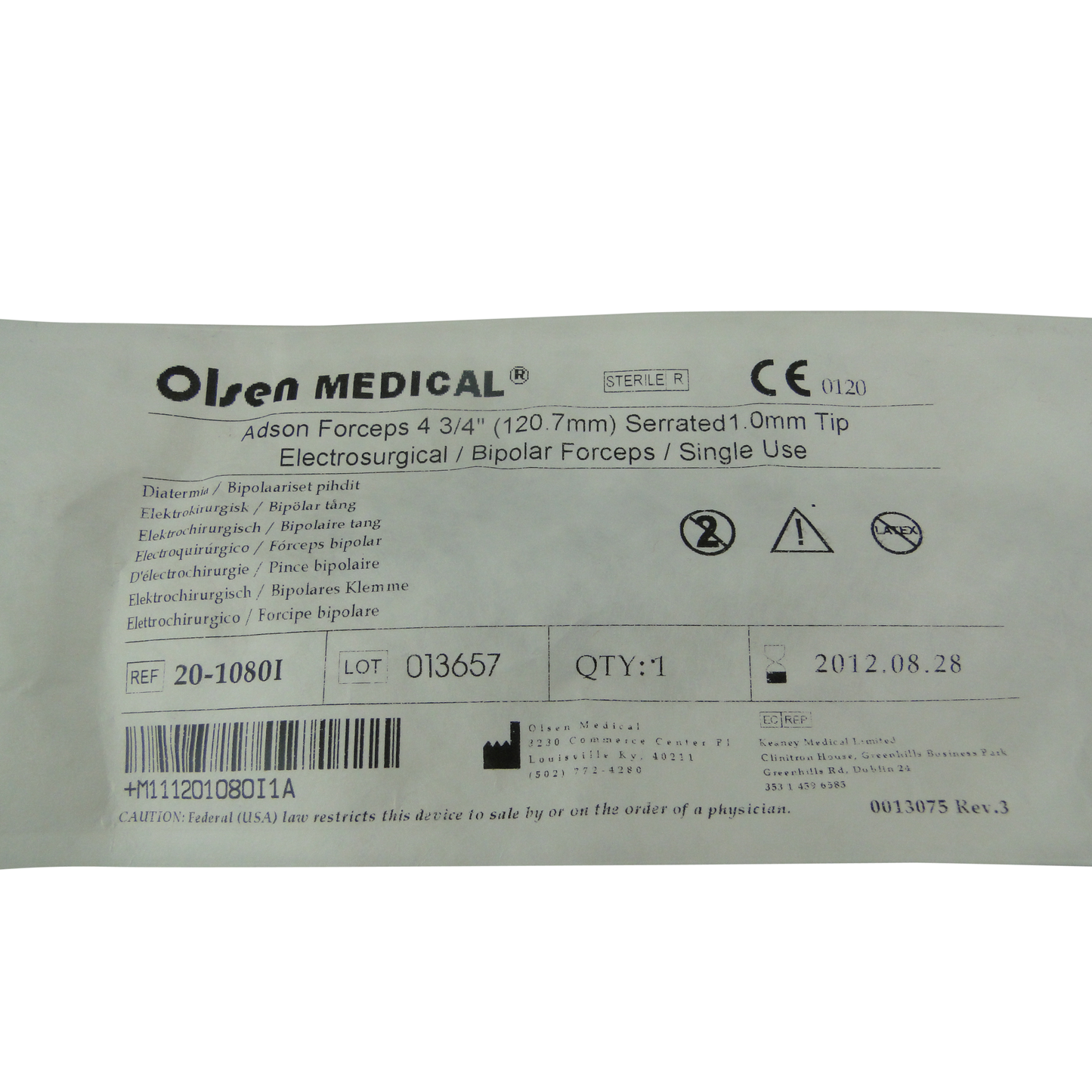 Olsen Bipolar Forceps; Adson; Insulated; Serrated; Straight; 1.0 mm Tips; 5 in; 127 mm; Single Use; (10/bx), 20-1080I