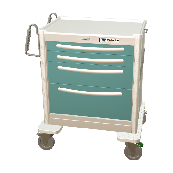 Waterloo Aluminum 4 Drawer Short Treatment Cart, Light Gray Exterior / Teal Green Drawers, Key Lock, USGLA-3369-TLG