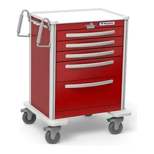 Waterloo 5 Drawer Aluminum Emergency Cart, Light Gray Exterior / Red Drawers, Lever Lock, UTGLA-33669-RED