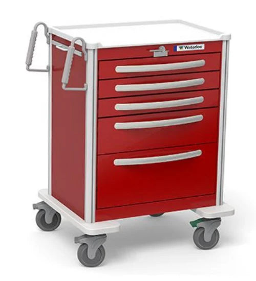 Waterloo 5 Drawer Aluminum Emergency Cart, Light Gray Exterior / Red Drawers, Lever Lock, UTGLA-33669-RED