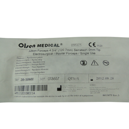 Olsen Bipolar Forceps; Adson; Insulated; Serrated; Straight; 1.0 mm Tips; 5 in; 127 mm; Single Use; (10/bx), 20-1080I