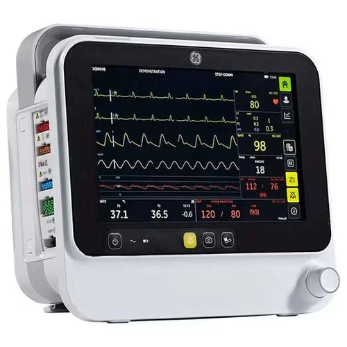 GE B105 Patient Monitor With Nellcor OxiMaxT SPO2, Printer, Temp, 3 & 5 Lead ECH, IBP, Extension Rack & Battery
