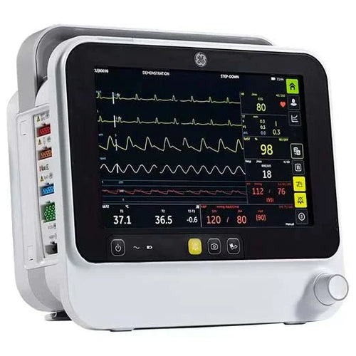 GE B105 Patient Monitor With Nellcor OxiMaxT SPO2, Printer, Temp, 3 & 5 Lead ECH, IBP, Extension Rack & Battery