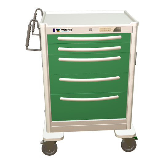 Waterloo Aluminum 5 Drawer Tall Anesthesia Cart, Light Gray Exterior / Fairway Green Drawers, Electronic Lock, UTGEA-33669-FWG