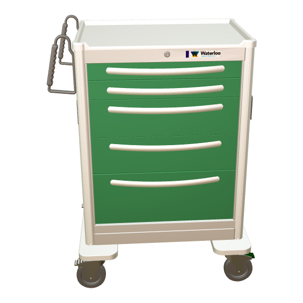 Waterloo Aluminum 5 Drawer Tall Anesthesia Cart, Light Gray Exterior / Fairway Green Drawers, Key Lock, UTGKA-33669-FWG