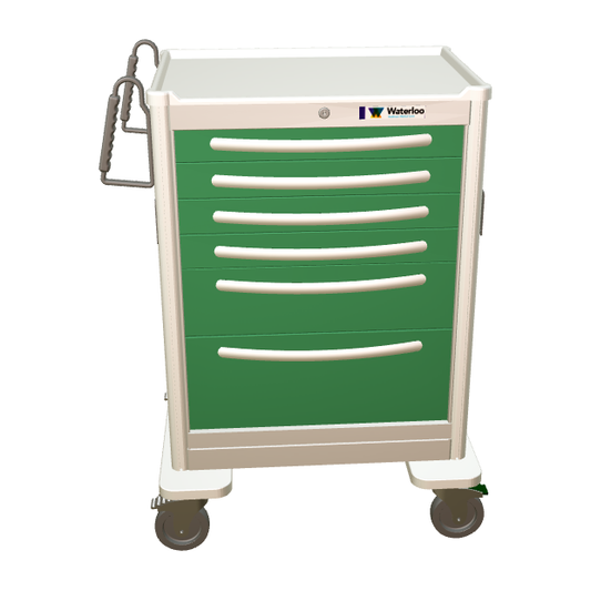 Waterloo Aluminum 6 Drawer Tall Anesthesia Cart, Light Gray Exterior / Fairway Green Drawers, Key Lock, UTGKA-333369-FWG