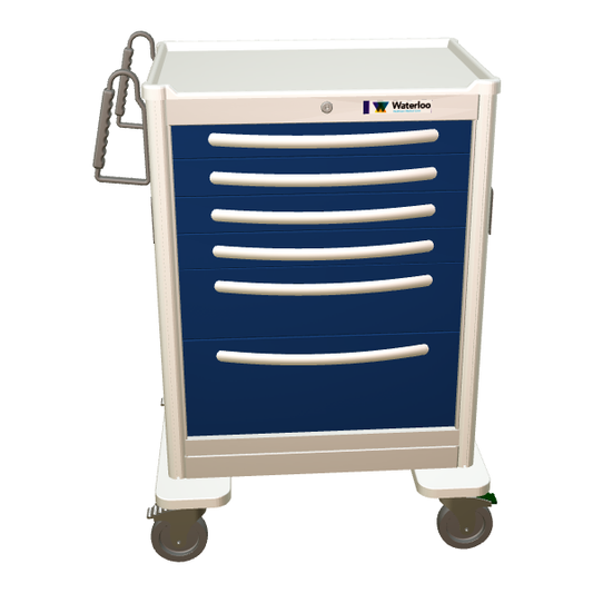 Waterloo Aluminum 6 Drawer Tall Anesthesia Cart, Light Gray Exterior / Dark Blue Drawers, Key Lock, UTGKA-333369-DKB