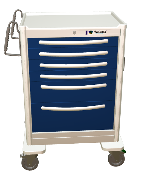 Waterloo Aluminum 6 Drawer Tall Anesthesia Cart, Light Gray Exterior / Dark Blue Drawers, Key Lock, UTGKA-333369-DKB