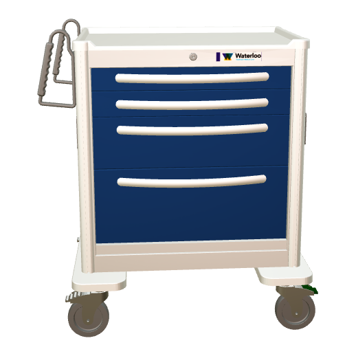 Waterloo Aluminum 4 Drawer Short Anesthesia Cart, Light Gray Exterior / Dark Blue Drawers, Key Lock, USGKA-3369-DKB