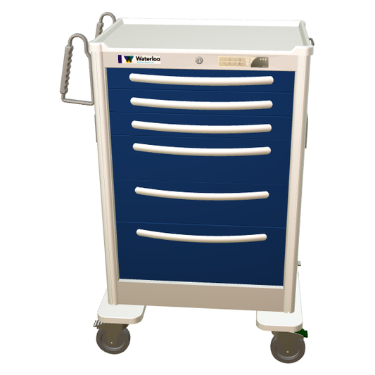 Waterloo Steel 6 Drawer X-Tall Anesthesia Cart, Light Gray Exterior w/ Dark Blue Drawers, Electronic Lock, UXGEU-333669-DKB