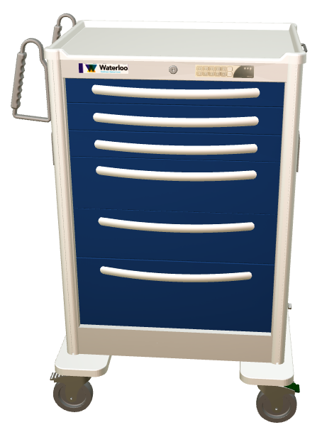 Waterloo Steel 6 Drawer X-Tall Anesthesia Cart, Light Gray Exterior w/ Dark Blue Drawers, Electronic Lock, UXGEU-333669-DKB