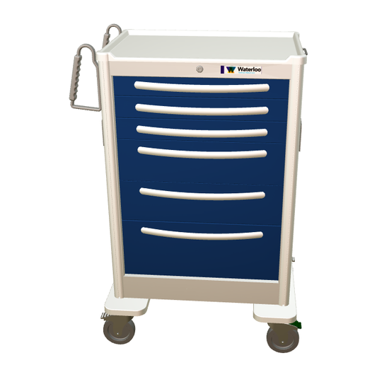 Waterloo Steel 6 Drawer X-Tall Anesthesia Cart, Light Gray Exterior w/ Dark Blue Drawers, Key Lock, UXGKU-333669-DKB