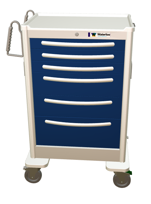 Waterloo Steel 6 Drawer X-Tall Anesthesia Cart, Light Gray Exterior w/ Dark Blue Drawers, Key Lock, UXGKU-333669-DKB