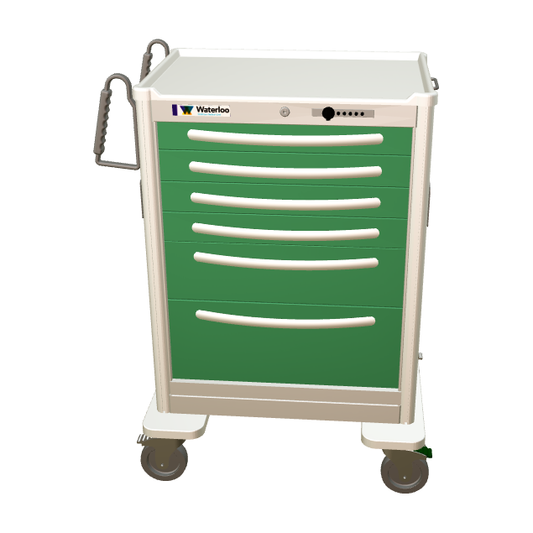 Waterloo Steel 6 Drawer Tall Anesthesia Cart, Light Gray Exterior w/ Fairway Green Drawers, Simplex Lock, UTGSU-333369-FWG