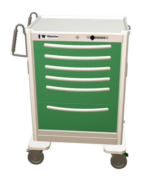 Waterloo Steel 6 Drawer Tall Anesthesia Cart, Light Gray Exterior w/ Fairway Green Drawers, Simplex Lock, UTGSU-333369-FWG