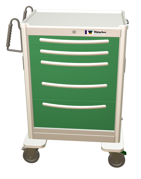 Waterloo Steel 5 Drawer Tall Anesthesia Cart, Light Gray Exterior w/ Fairway Green Drawers, Key Lock, UTGKU-33669-FWG