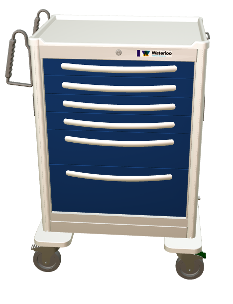 Waterloo Steel 6 Drawer Tall Anesthesia Cart, Light Gray Exterior w/ Dark Blue Drawers, Key Lock, UTGKU-333369-DKB