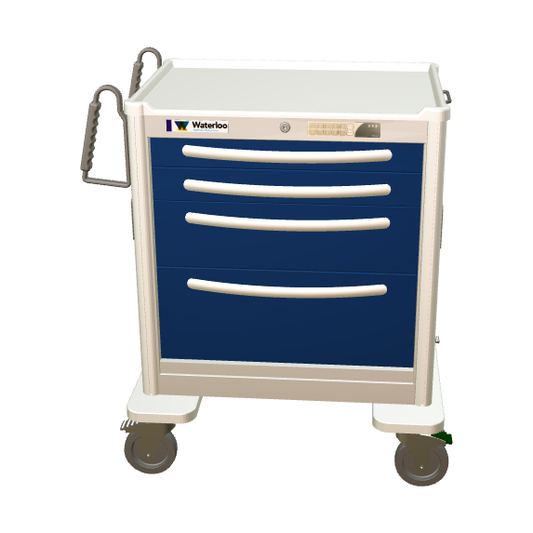 Waterloo Steel 4 Drawer Tall Anesthesia Cart, Light Gray Exterior w/ Dark Blue Drawers, Electronic Lock, USGEU-3369-DKB