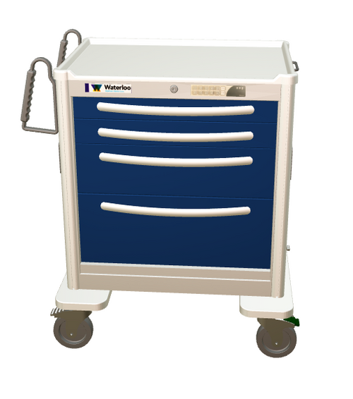 Waterloo Steel 4 Drawer Tall Anesthesia Cart, Light Gray Exterior w/ Dark Blue Drawers, Electronic Lock, USGEU-3369-DKB