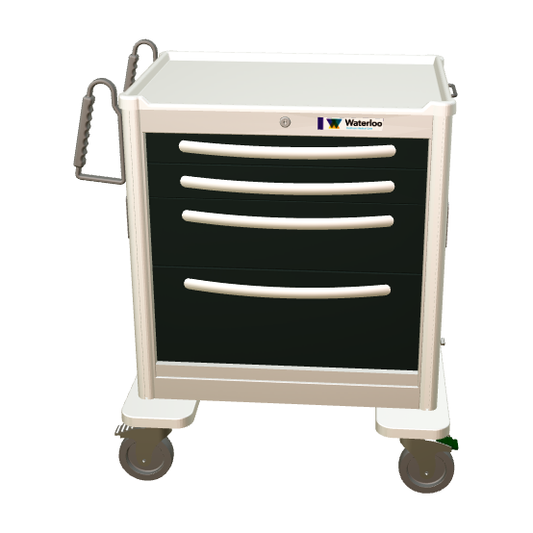 Waterloo Aluminum 4 Drawer Short Treatment Cart, Light Gray Exterior / Charcoal Drawers, Key Lock, USGKA-3369-GRA