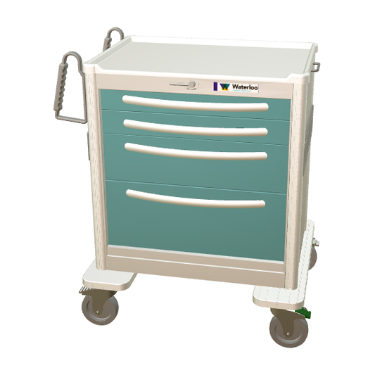 Waterloo Aluminum 4 Drawer Short Treatment Cart, Light Gray Exterior / Teal Green Drawers, Key Lock, USGLA-3369-TLG