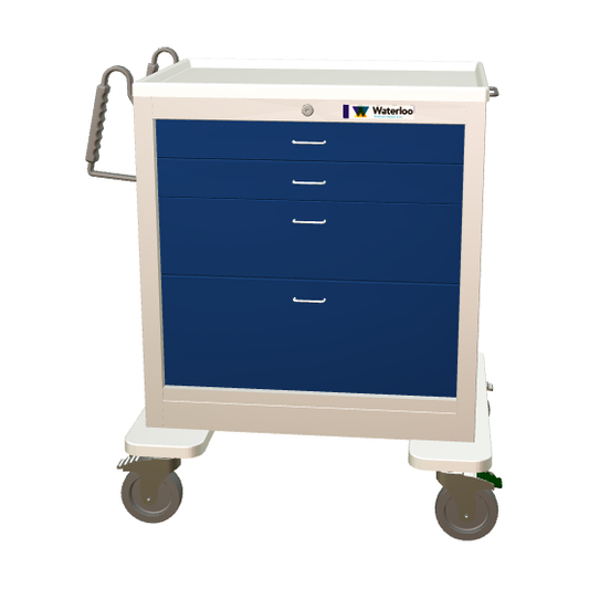 Waterloo Steel 4 Drawer Short Anesthesia Cart, Light Gray Exterior w/ Dark Blue Drawers, KeyLock, USGKU-3369-DKB