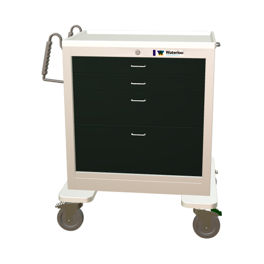 Waterloo Steel 4 Drawer Short Treatment Cart, Light Gray Exterior w/ Charcoal Drawers, Key Lock, USGKU-3369-GRA