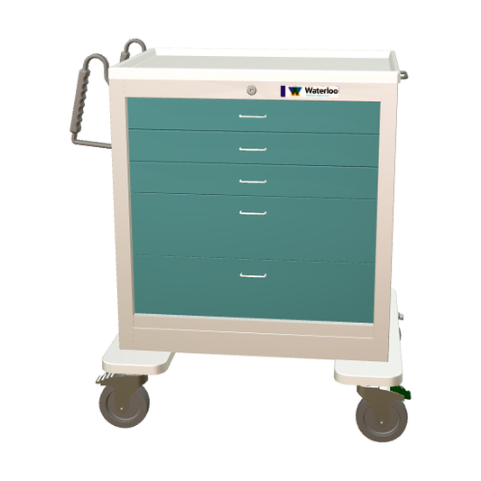 Waterloo Steel 5 Drawer Short Treatment Cart, Light Gray Exterior w/ Teal Green Drawers, Key Lock, USGLU-33366-TLG