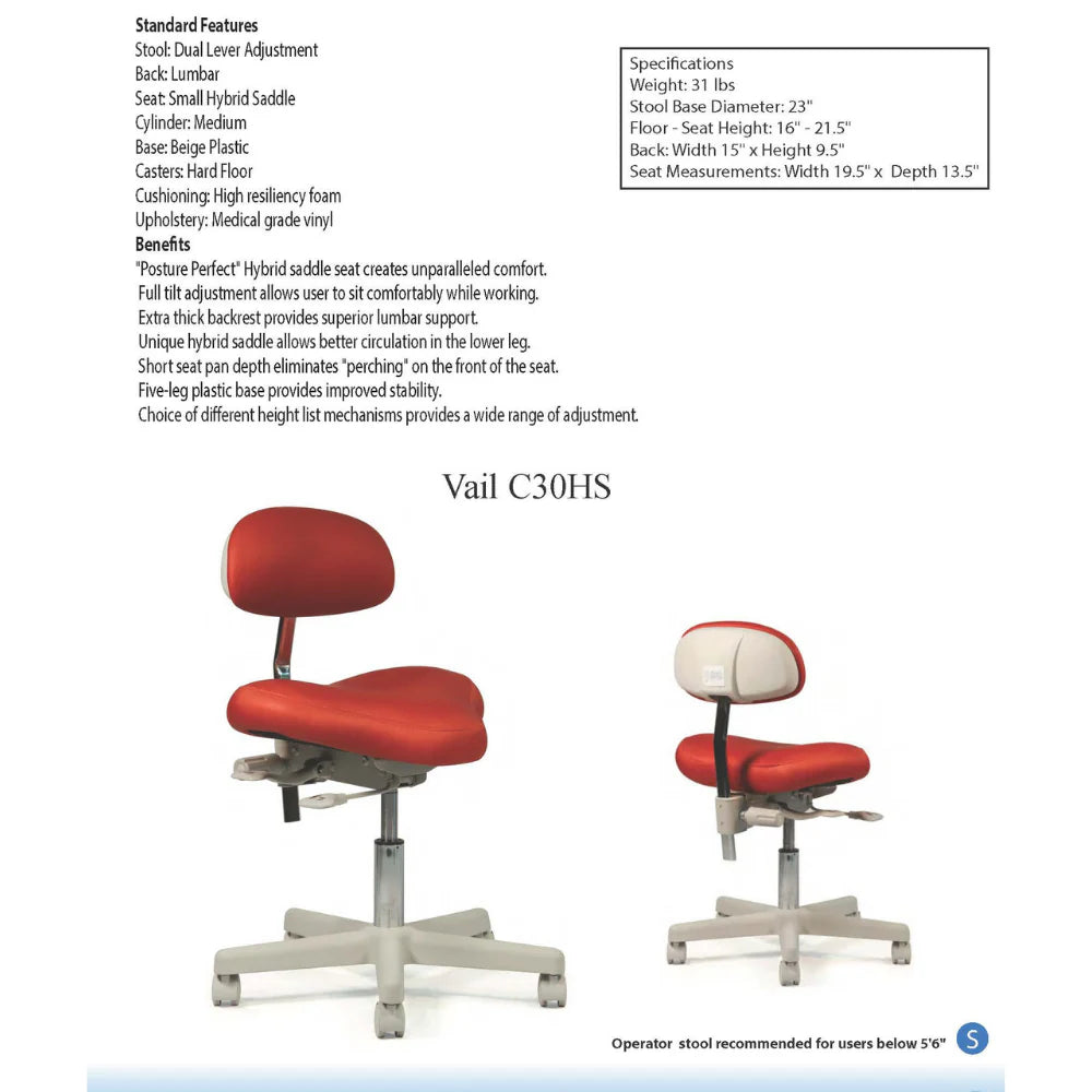 Crown Seating Vail C30HS Hygienist Stool - Small Hybrid Saddle, C30HS